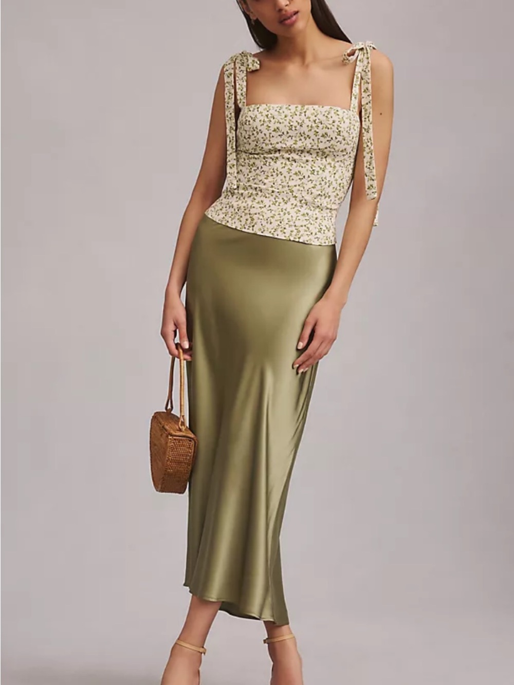Reformation Olive Green Satin Maxi Skirt